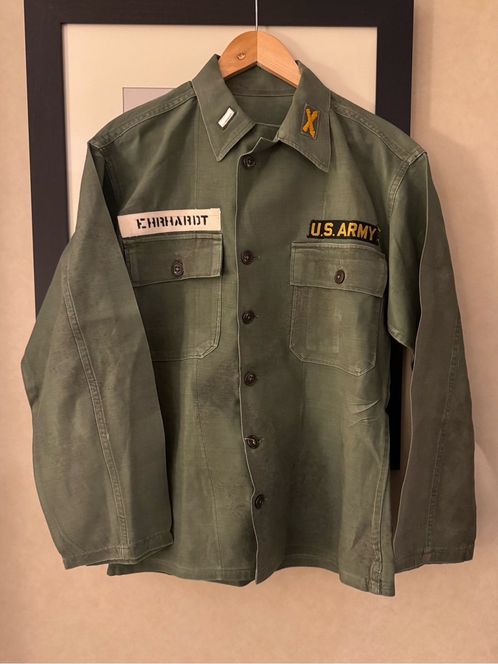 Vintage US Army Utility Shirt Ehrhardt Named Military Patches Green 21” P2P
